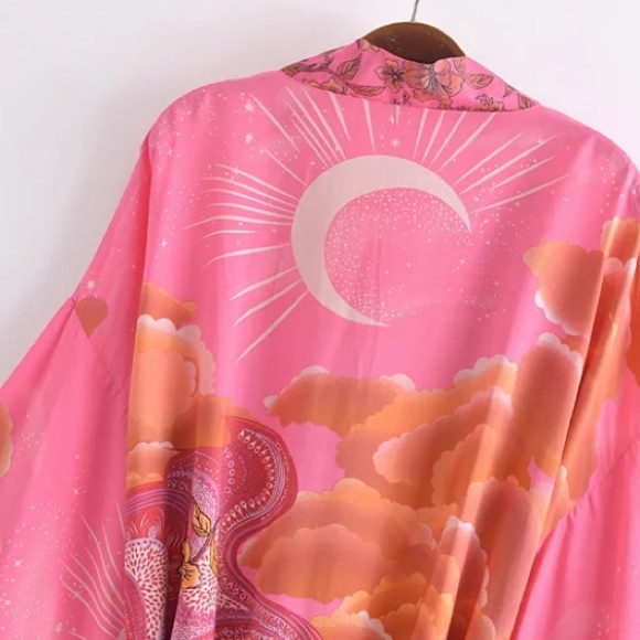 Fuchsia Pink Cosmic Galaxy Moon Boho Short Kimono Coverup Robe - Picture 8 of 10